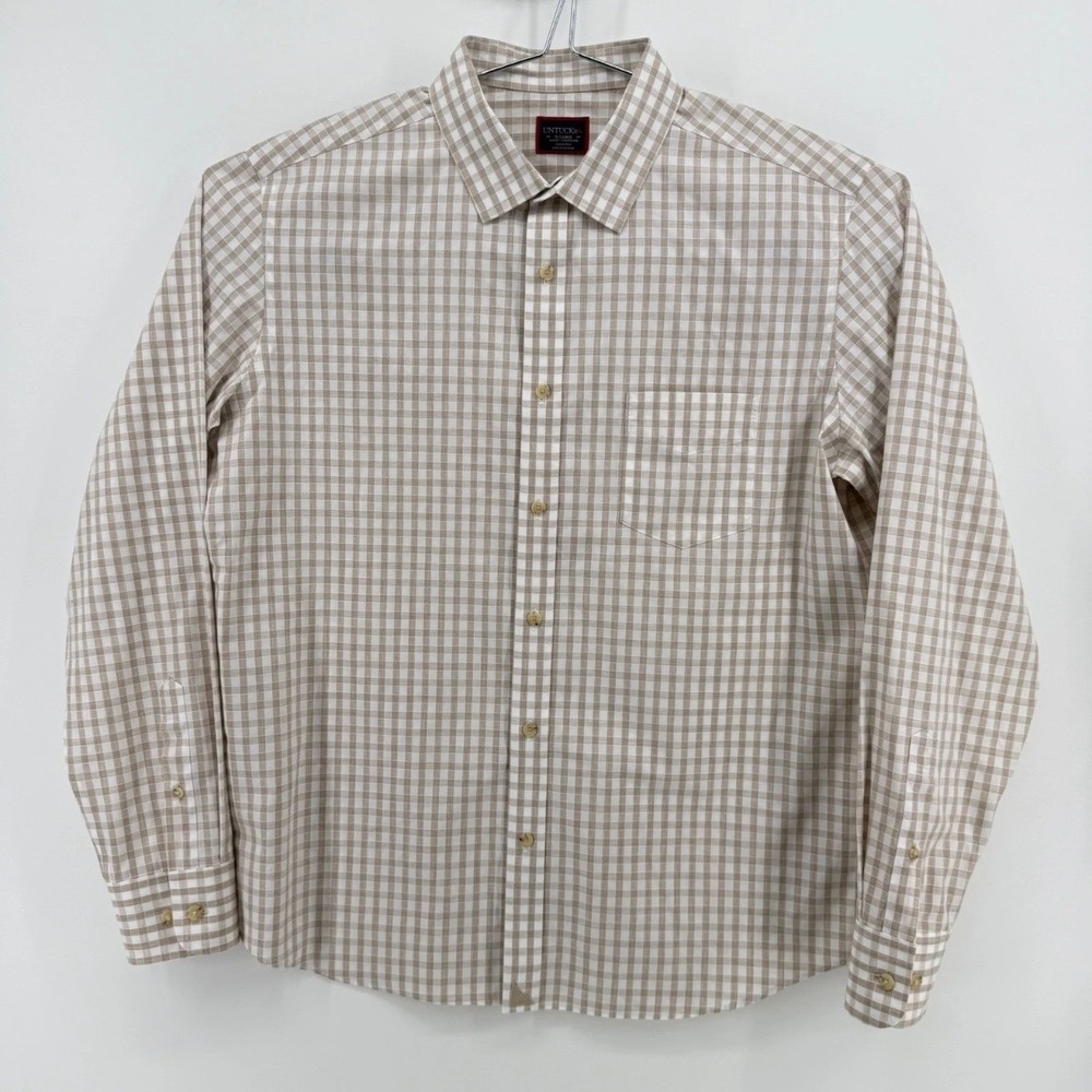 UNTUCKit Button Down Mens XL Slim Fit Wrinkle Free Cotton Tan Gingham Check